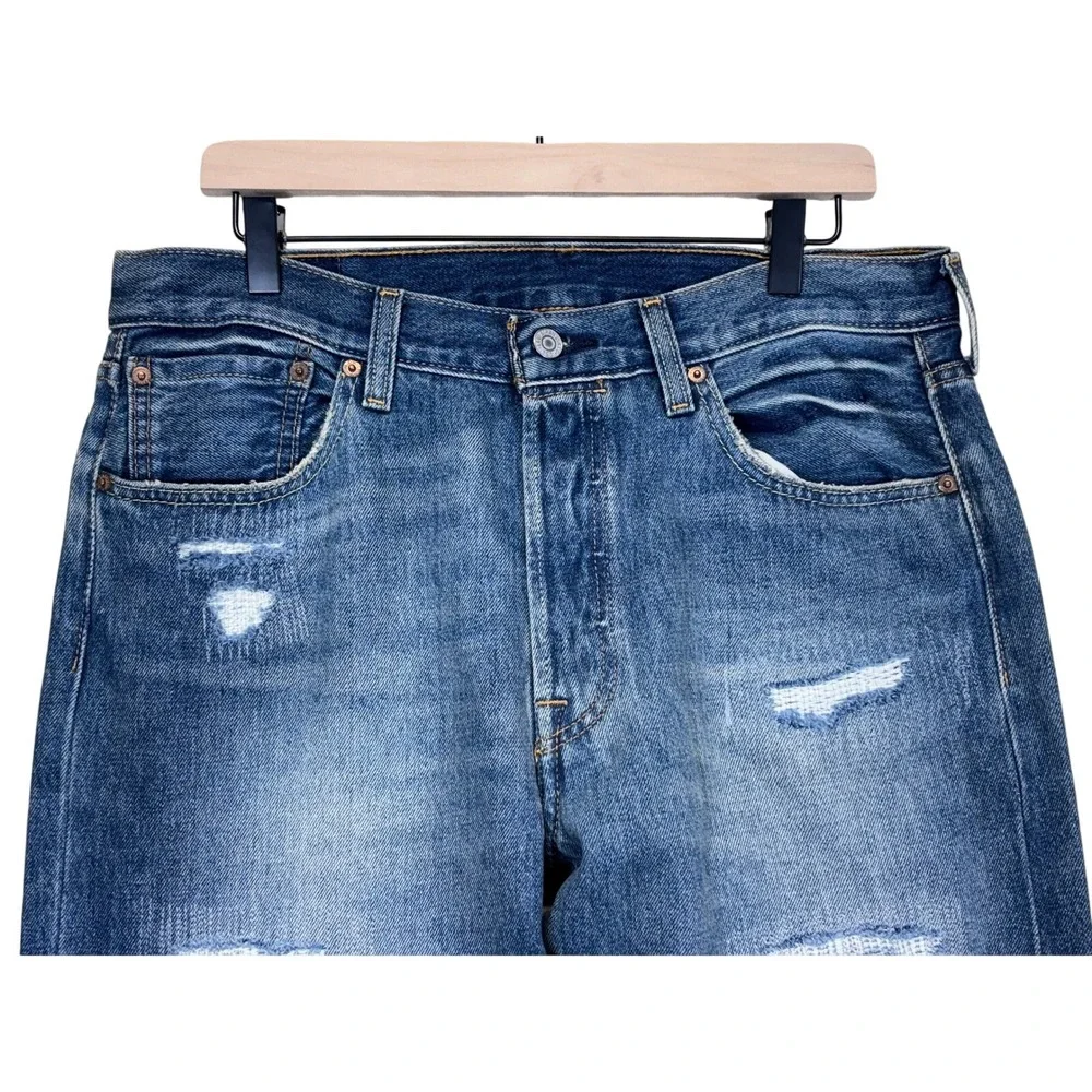 Levis 501 150th Anniversary Mens Distressed Straight Leg Jeans Blue W34 L38